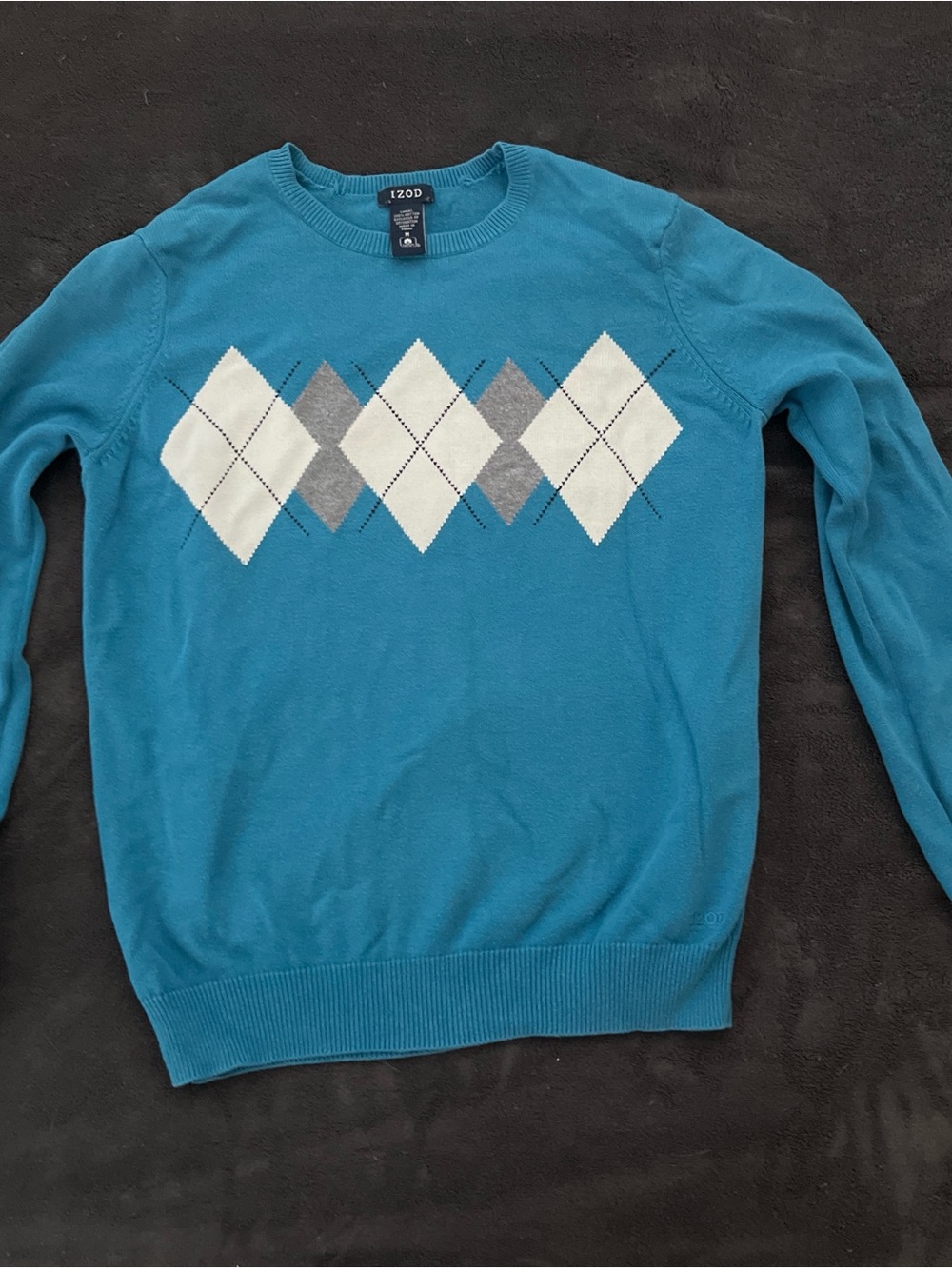 Izod Teal Argyle Crewneck Sweater with White and Gray Diamonds